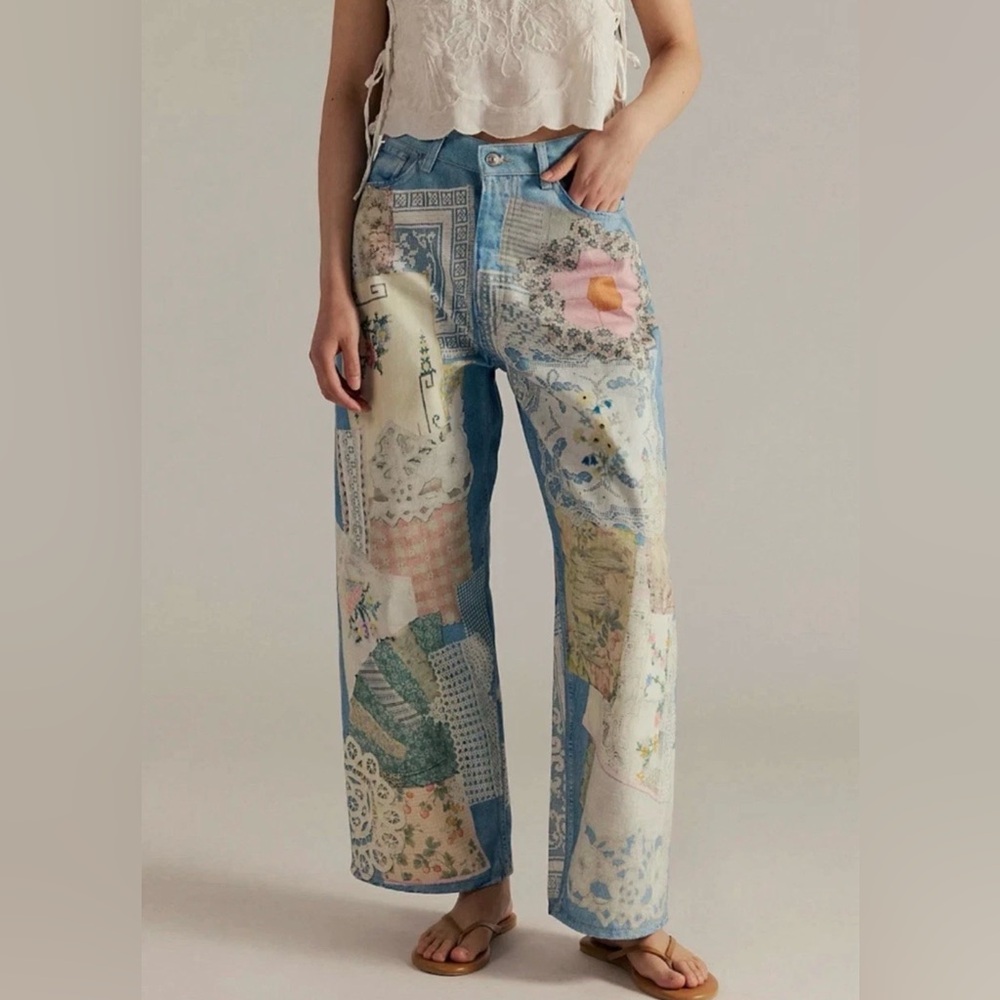 We The Free Patchwork Print Wide Leg Jeans - Blue, Pink, Cream